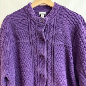 LL Bean Womens 3X Purple Crochet Cable Chunky Knit Button Cardigan Sweater Ivy